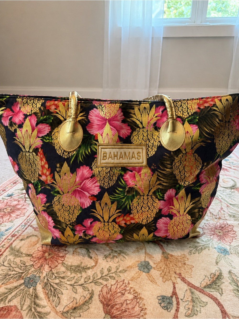 Gold Pineapple Tote Bag with Pink Floral Accents